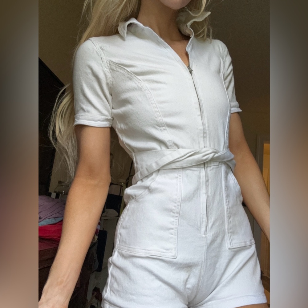 White denim jumpsuit retro vibes
